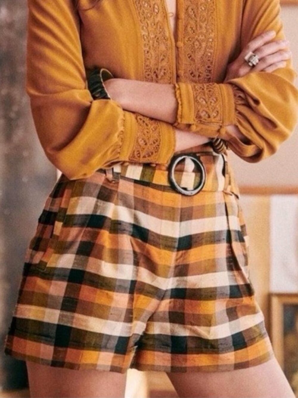 NWT Sezane Romeo Carreaux Ocre Plaid Belted Shorts 34 / US 2